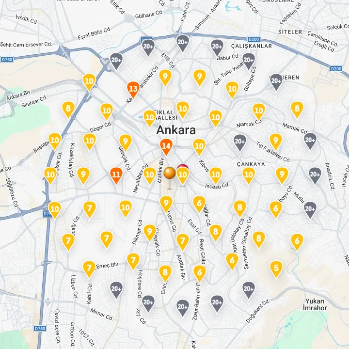 Ankara · Çankaya Otel / konaklama, ara ölçüm sıralama haritası